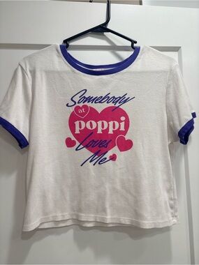 pop White Tee with Purple Trim and Pink Heart Graphic